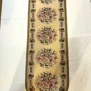 Vintage Tapestry Long Table Mat Floral with Gold Thread Trim 47" X 15"